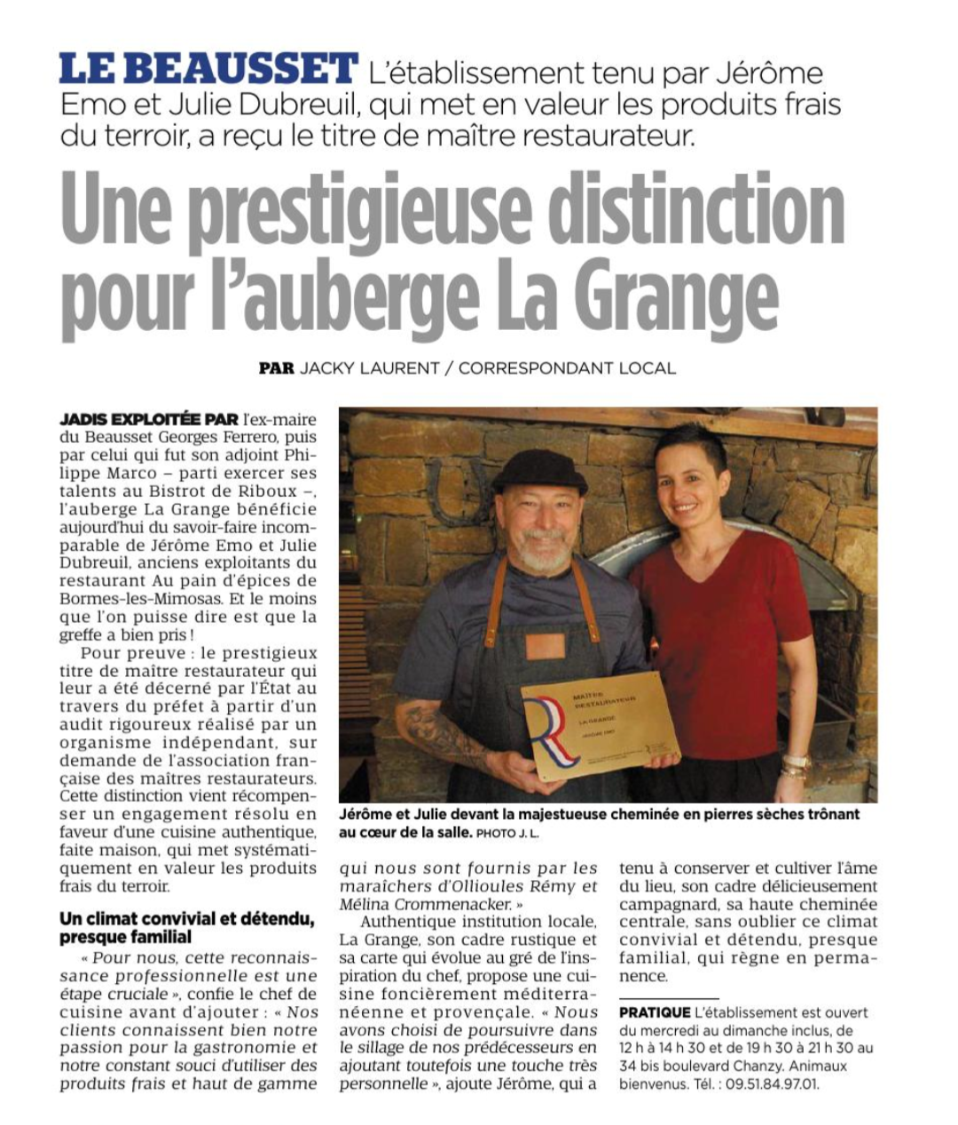 à propos - La Grange - restaurant LE BEAUSSET - restaurant LE CASTELLET